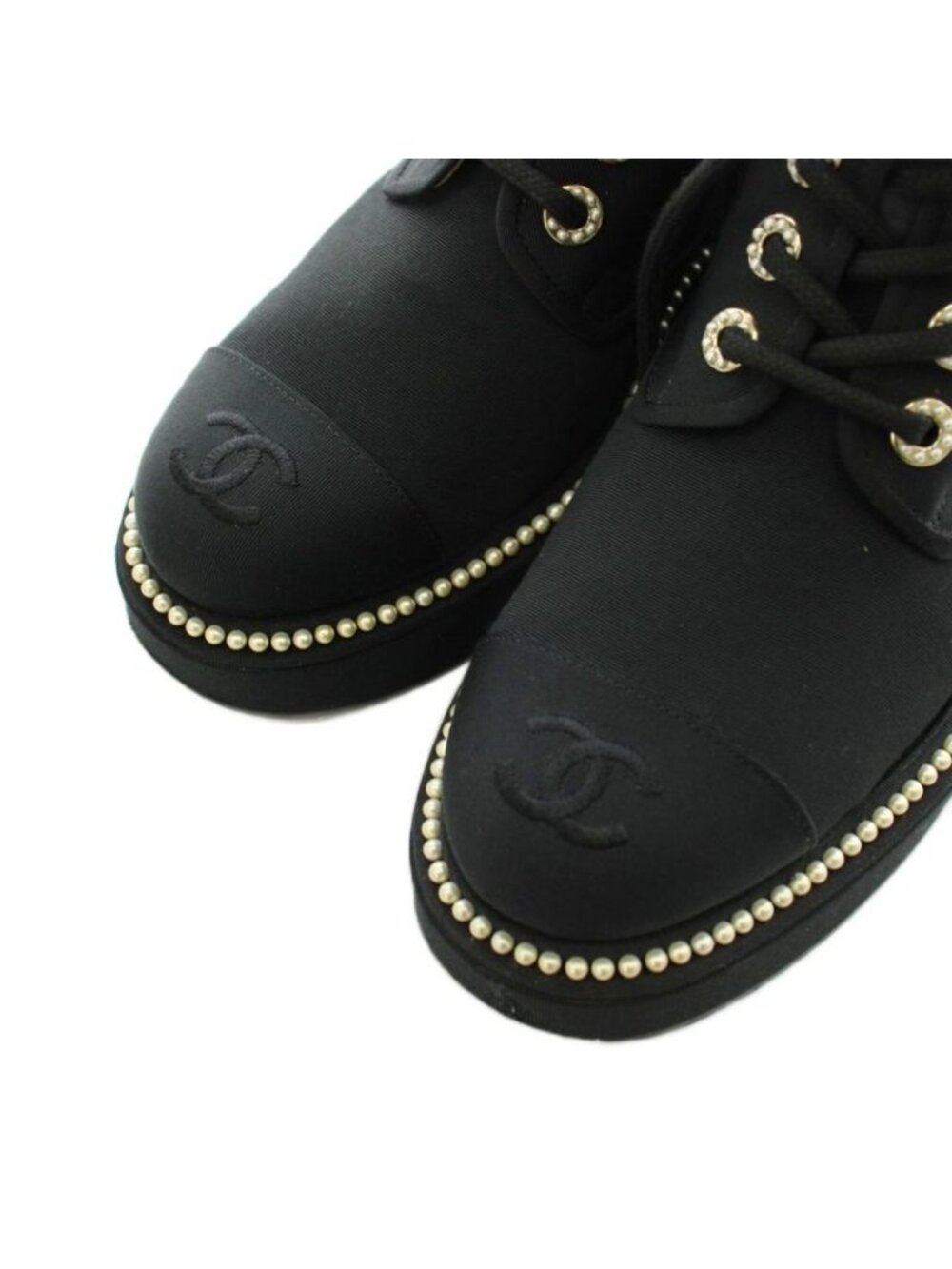 Chanel CC Logo Short Boots Lace Up Pearl 37 Black - Picture 6 of 9
